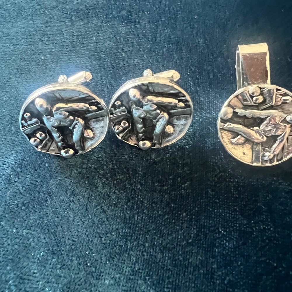 Vintage Silver Bowling Cuff Links with Textured Finish